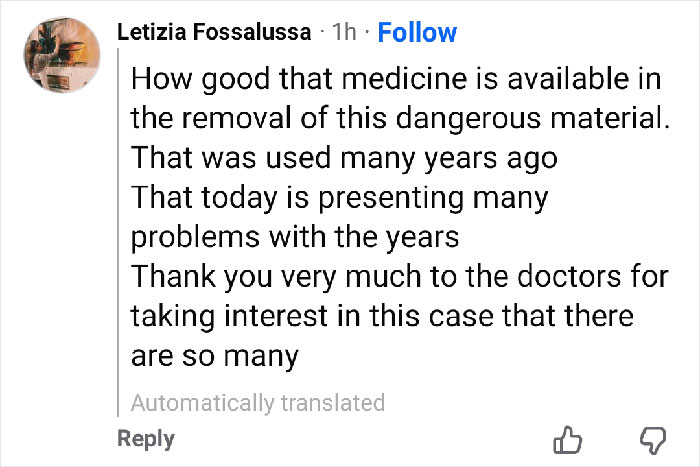 Comment from Letizia Fossalussa expressing gratitude to doctors involved in a case of influencer disfigured in botched plastic surgery.