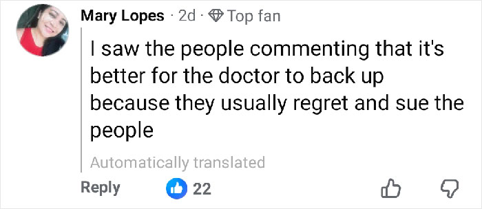 Comment from user Mary Lopes discussing people commenting on doctors regretting and suing after botched plastic surgery.