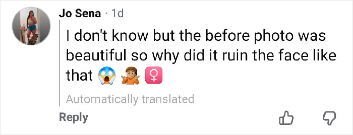 Comment from user Jo Sena expressing confusion about disfigurement after plastic surgery on an influencer&rsquo;s face restoration.
