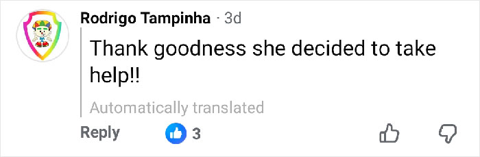 Comment by Rodrigo Tampinha expressing relief that the influencer sought help after botched plastic surgery.