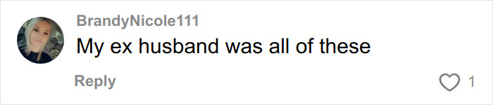 Comment from user BrandyNicole111 saying My ex husband was all of these, related to influencer sharing red flags of narcissist behavior. Comment from user BrandyNicole111 saying My ex husband was all of these, related to influencer sharing red flags of narcissist behavior.