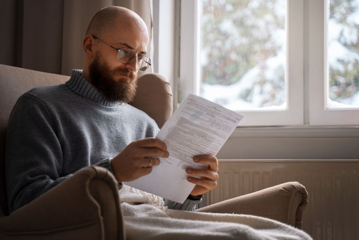 Man with glasses reading legal documents at home by a window, reflecting entitled siblings rage after being cut from dad's will.