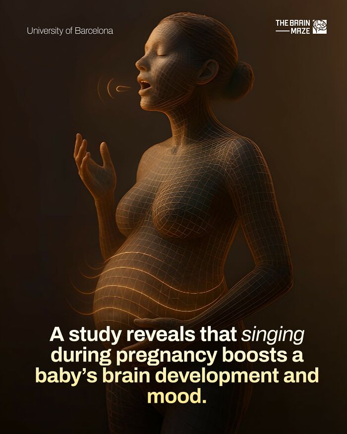 Pregnant woman singing with glowing neural lines, illustrating human body brain development and mood benefits during pregnancy.