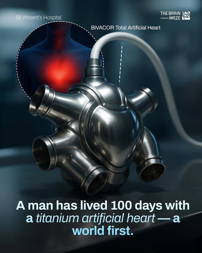 Titanium artificial heart shown with human body illustration highlighting incredible facts about the human body innovations.