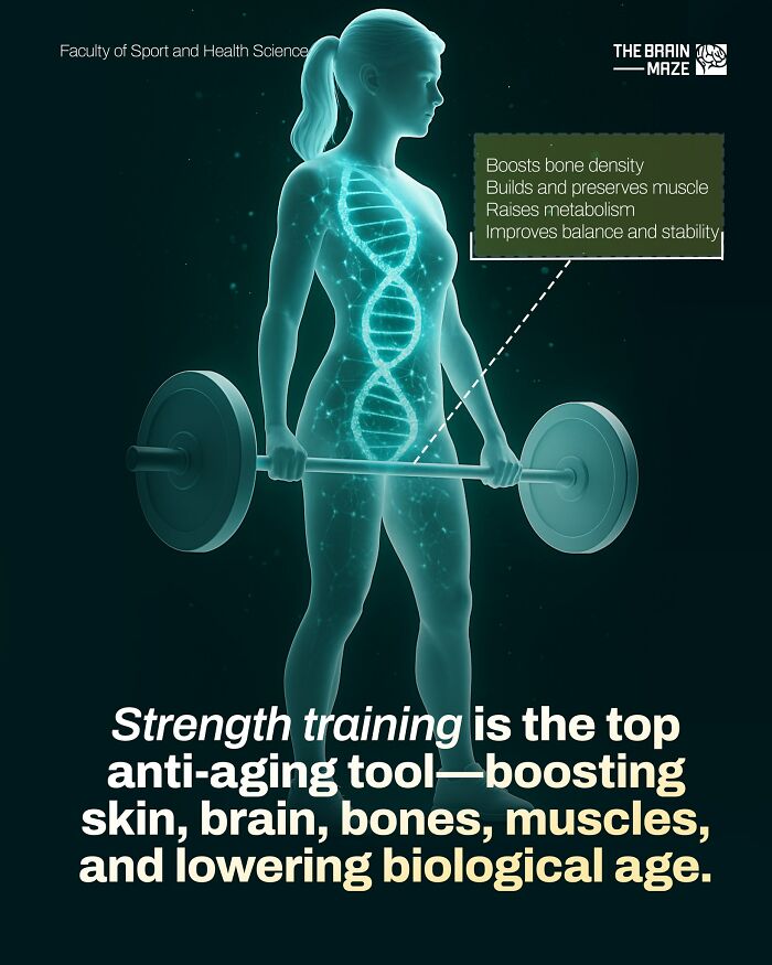 Glowing human body with DNA strands lifting weights, illustrating incredible facts about the human body and strength training benefits.