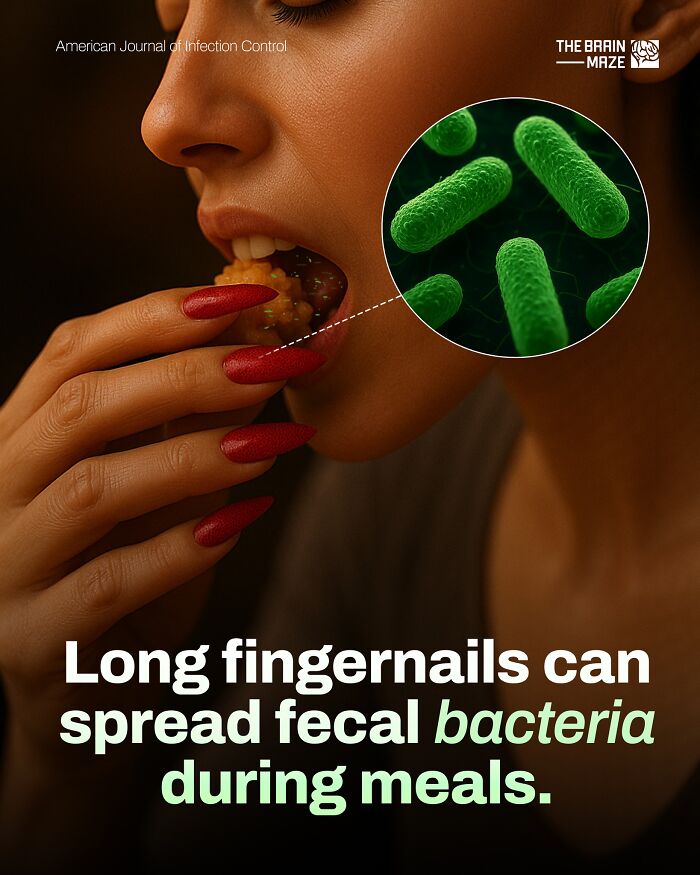 Close-up of a person eating with long fingernails showing bacteria spread, highlighting human body facts about hygiene and health.