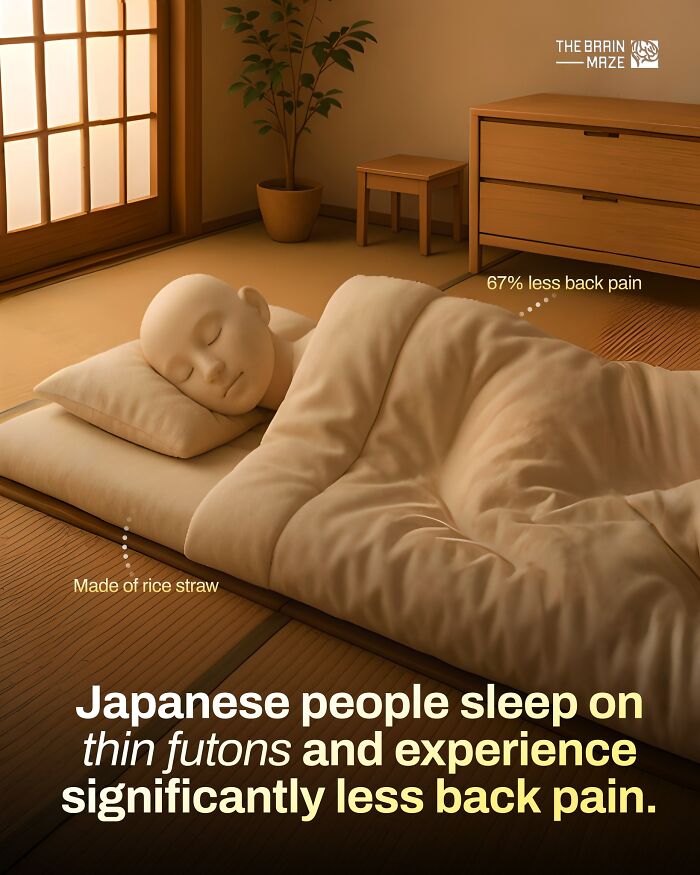 Person sleeping on a thin futon made of rice straw showing a fact about the human body reducing back pain.