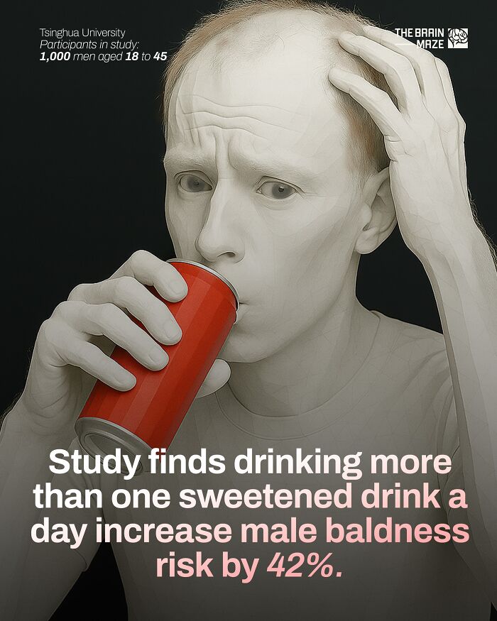 Man drinking a sweetened drink with visible hair loss, illustrating facts about the human body and male baldness risk.