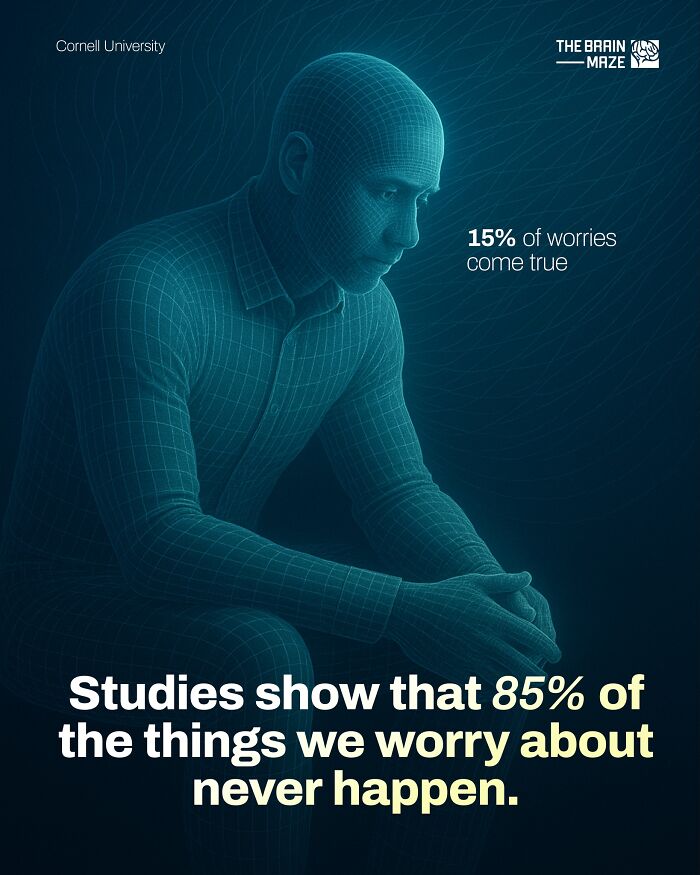 3D wireframe of a person sitting thoughtfully with facts about worries and statistics related to the human body.