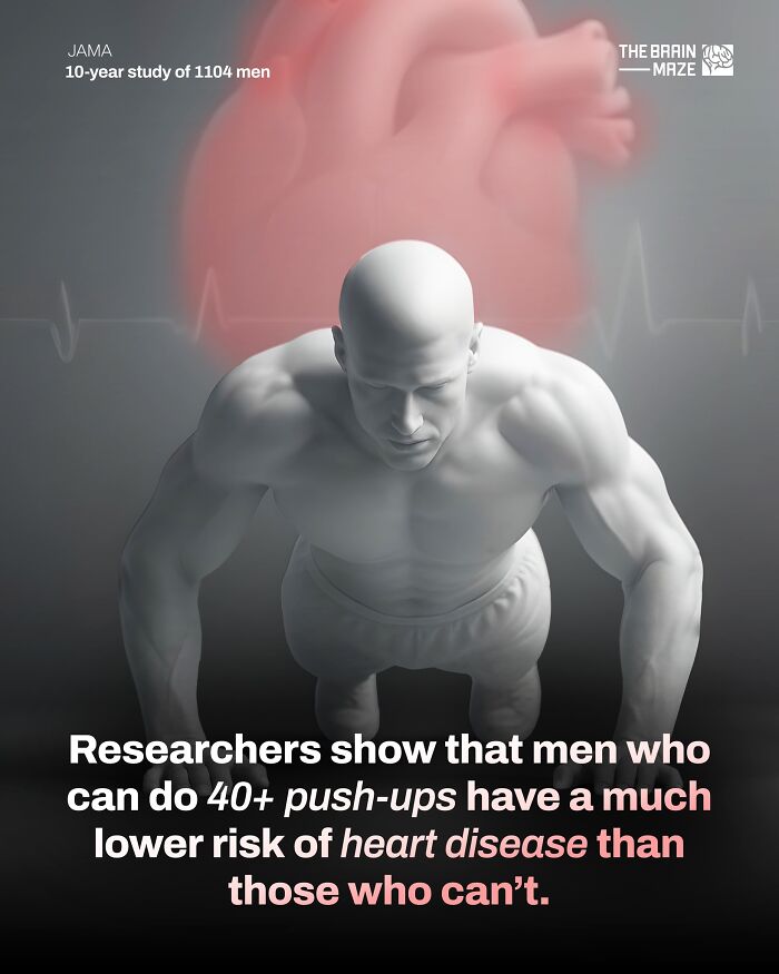 Man doing push-ups with text about lower heart disease risk, illustrating incredible facts about the human body.