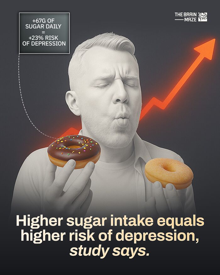 Man holding donuts with an upward arrow illustrating sugar intake's impact on depression risk in human body facts.