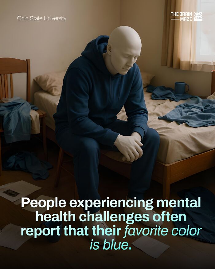 Person in blue hoodie sitting on a bed in a dimly lit room, illustrating mental health challenges and human body facts.