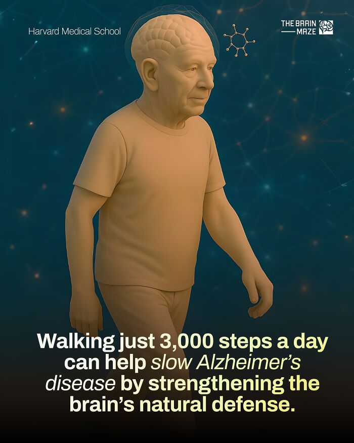 3D illustration of an elderly man walking with brain activity, highlighting facts about the human body and brain health.