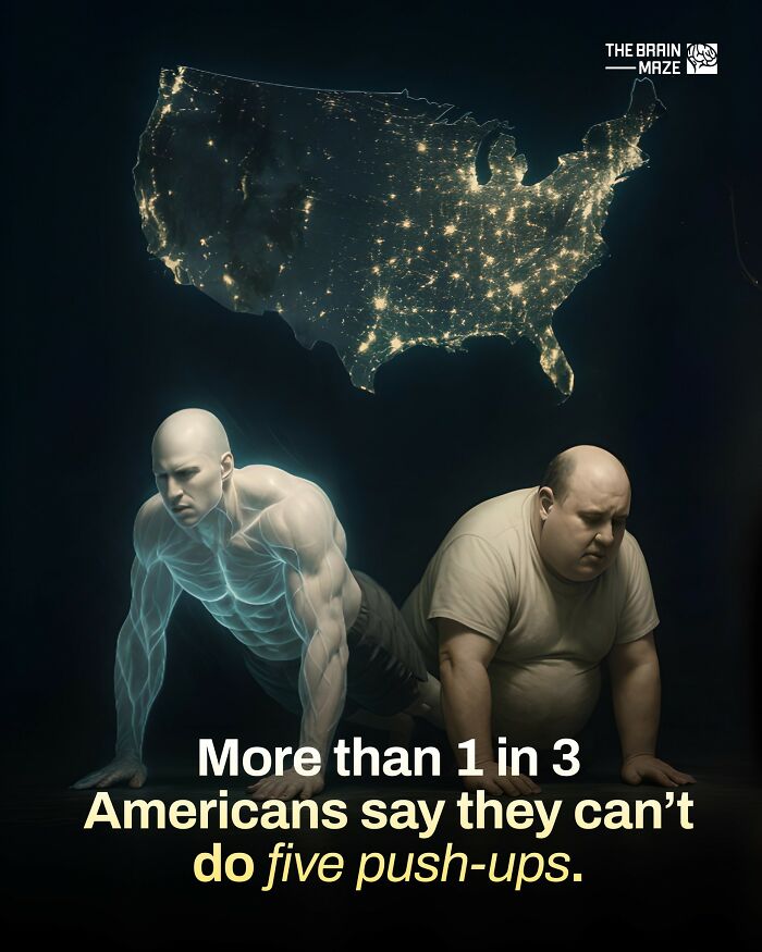 Comparison of fit and unfit men doing push-ups, highlighting incredible facts about the human body and fitness challenges in America.