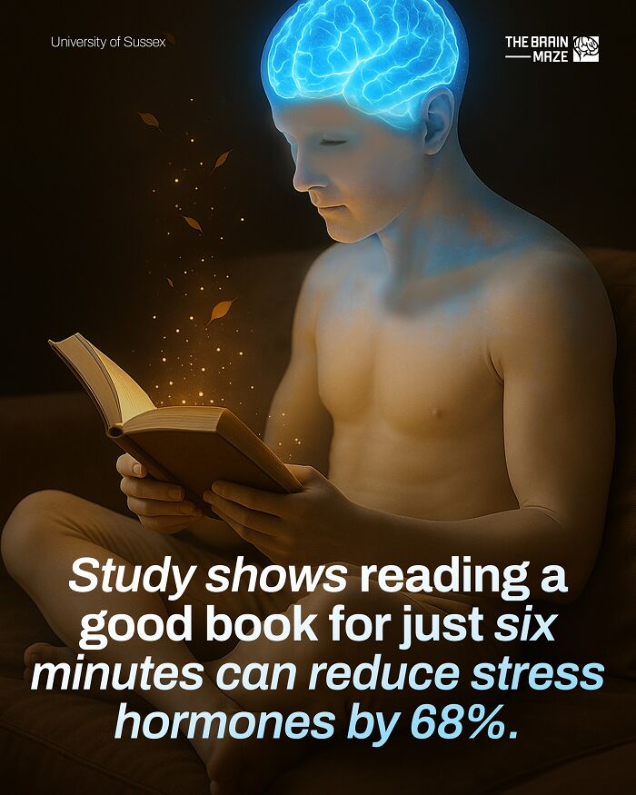Person reading a book with glowing brain illustration, highlighting stress reduction in human body facts study.