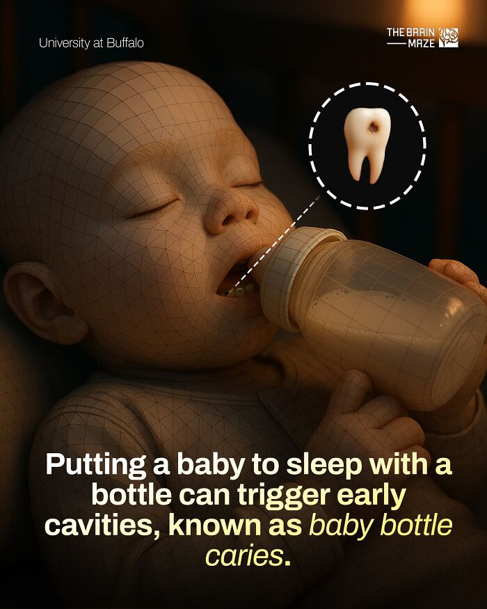Baby drinking from bottle causing early cavities, illustrating important facts about the human body and dental health in infants.