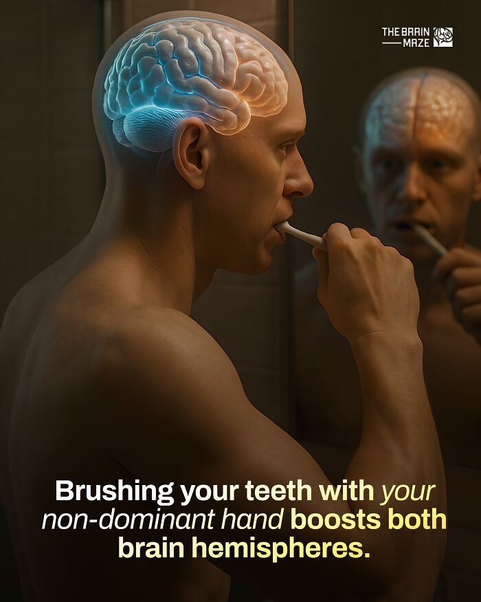 Man brushing teeth in front of a mirror with brain illustration highlighting human body facts about brain hemispheres.