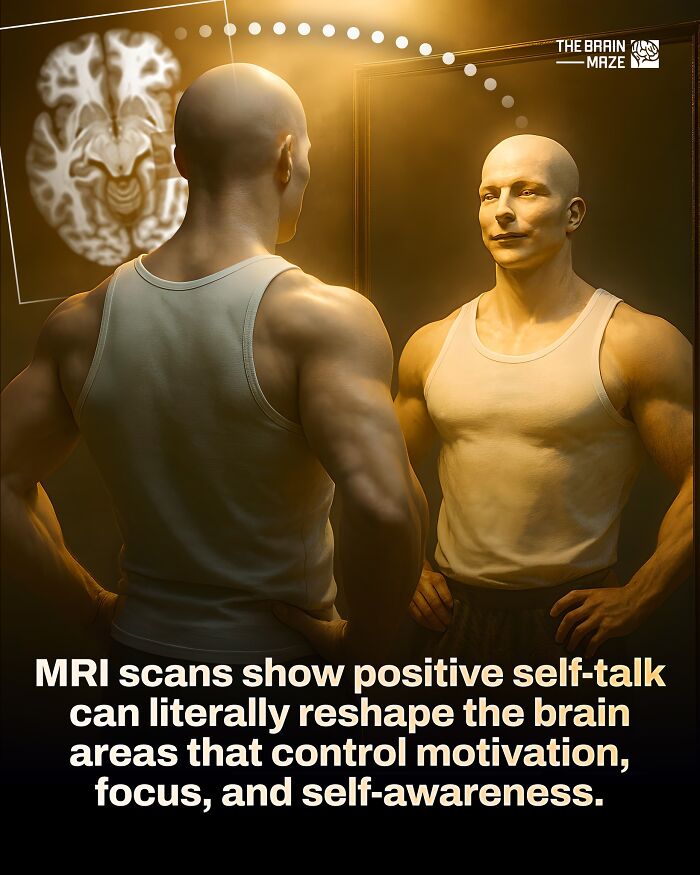 Man in white tank top looking in mirror with brain MRI scan highlighting motivation and self-awareness in the human body.