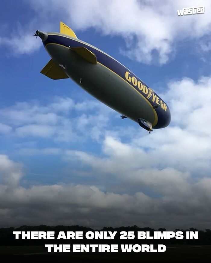 Goodyear blimp flying in the sky showcasing fun facts for 18.2M people following to learn new things.