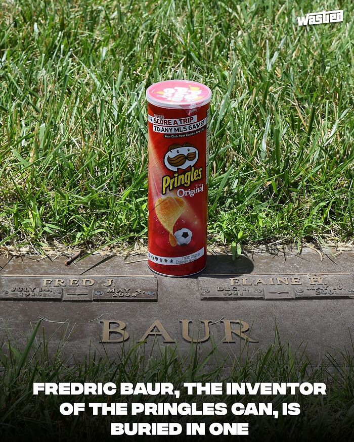Pringles can placed on a gravestone highlighting fun facts about the inventor, seen on a page followed by millions.