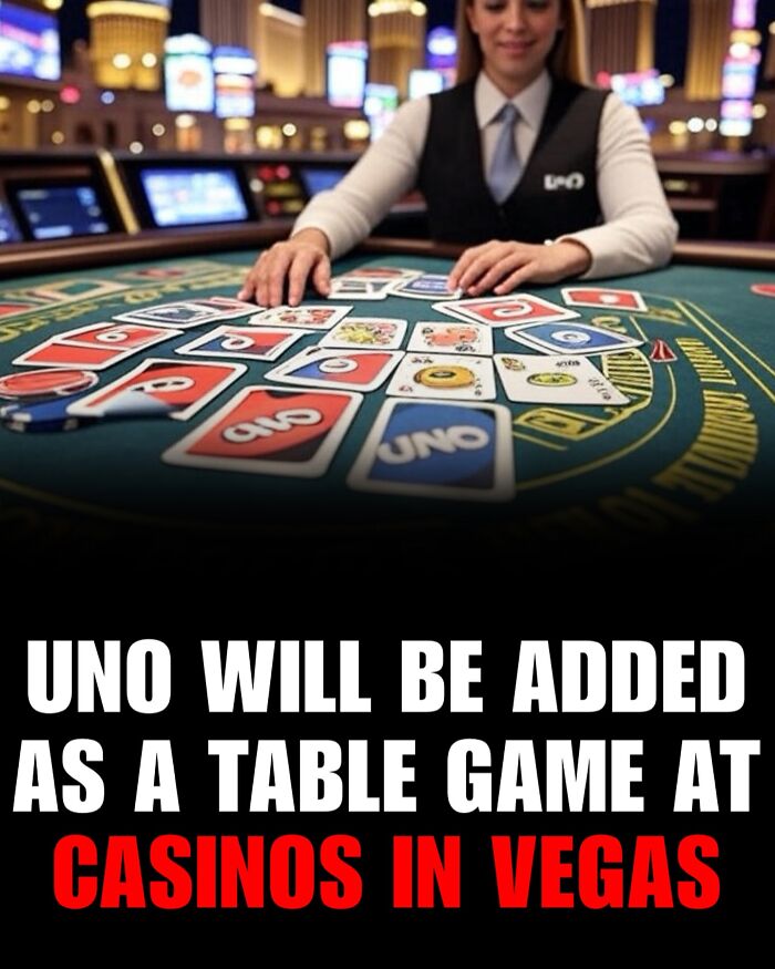 Dealer arranging UNO cards on a casino table with text about casinos in Vegas and daily facts stories on IG page.