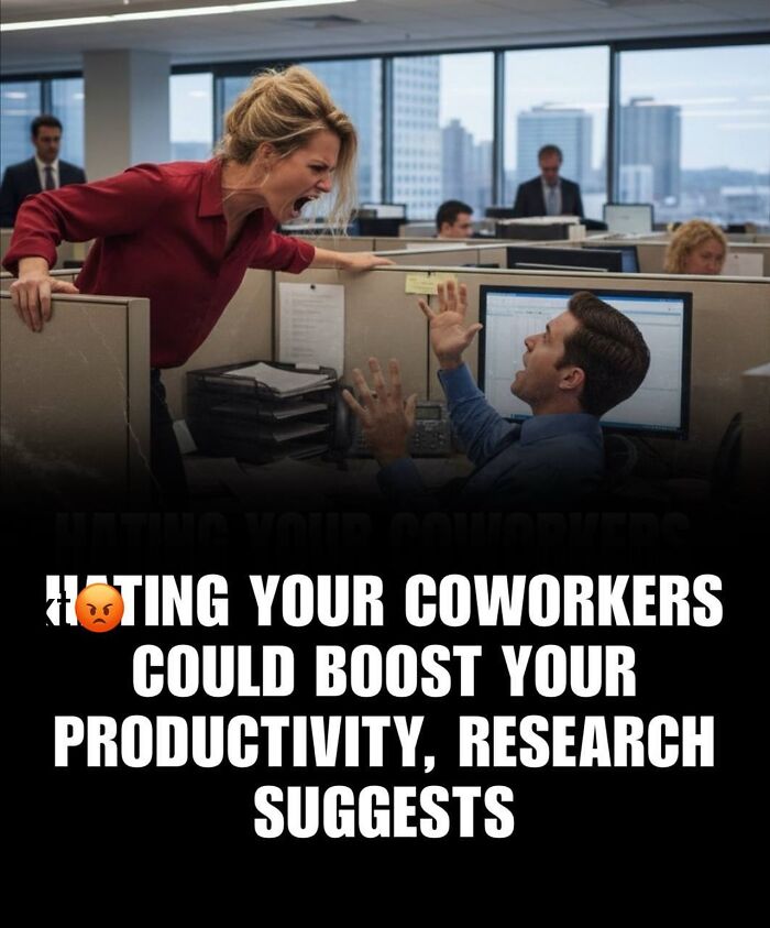 Woman angrily yelling at male coworker in office cubicles, illustrating IG page sharing daily facts and interesting stories.