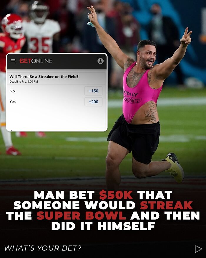 Man streaks the Super Bowl after betting $50K on someone streaking, visual from an IG page sharing daily facts and stories.
