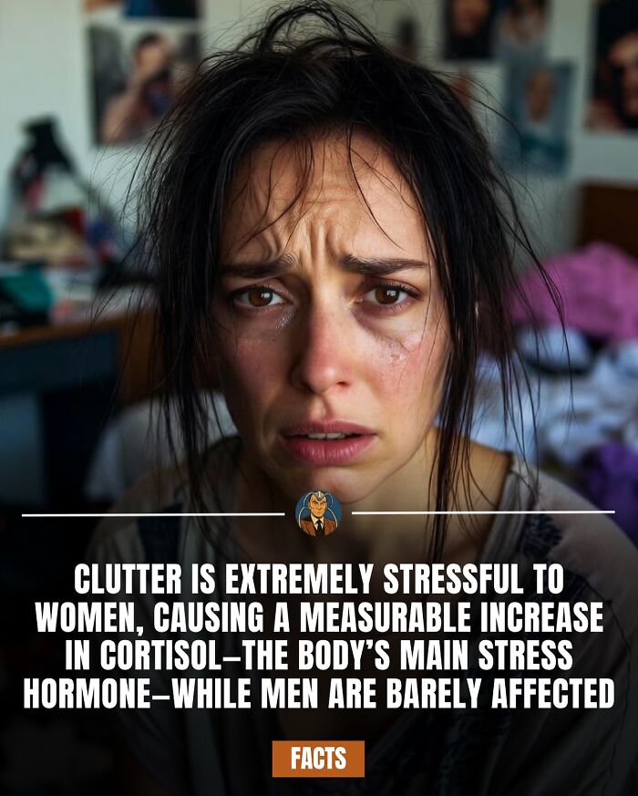 Stressed woman with messy hair illustrates facts about clutter increasing cortisol hormone, shared by IG page with daily facts.