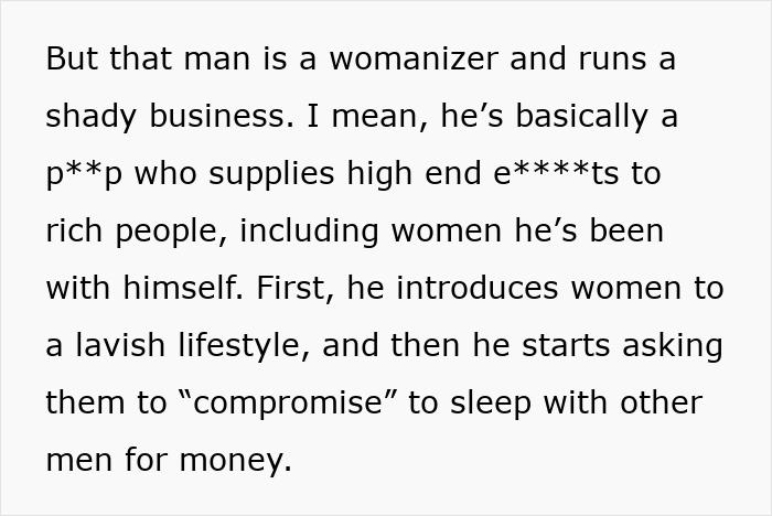 Text describing a womanizer running a shady business, highlighting his manipulation and lifestyle involving high-end escorts.