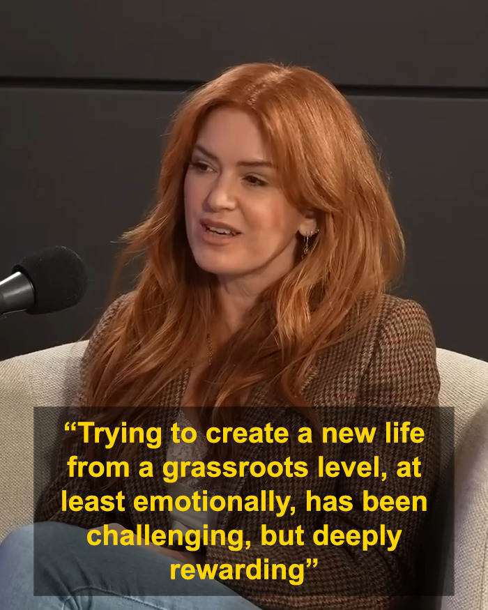 Isla Fisher discussing her emotional struggle and challenges after a difficult divorce with Sacha Baron Cohen in an interview.