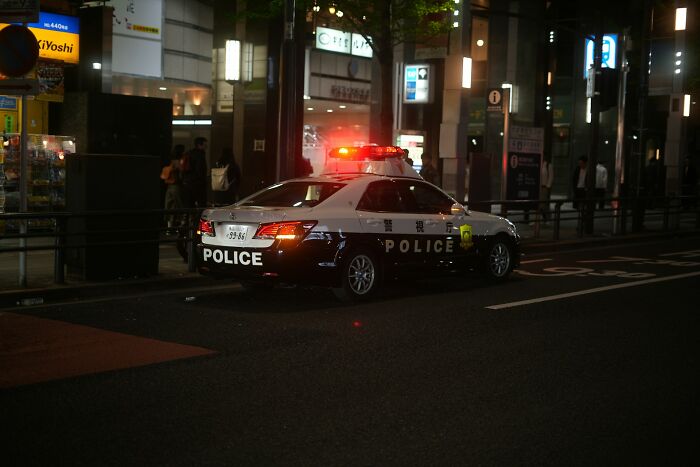 Police car with flashing lights parked on city street at night, highlighting the impact of scams on victims and law enforcement.