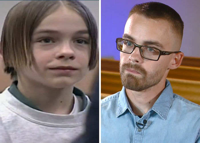 Side-by-side images of a child and adult male representing child criminals who committed disturbing acts and are now free.