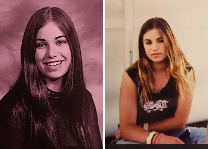 Side-by-side images of a young female child criminal and her older self, representing child criminals who committed acts.