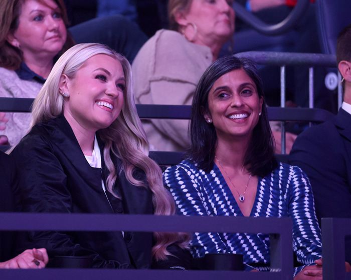 Two women smiling and sitting in an audience, relating to JD Kirk and Usha Vance split rumors discussion. Two women smiling and sitting in an audience, relating to JD Kirk and Usha Vance split rumors discussion.