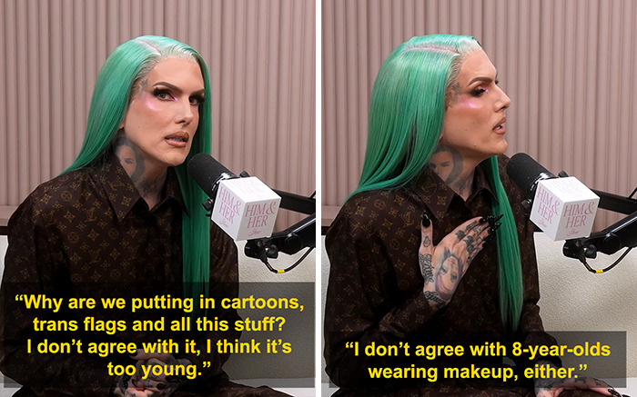 Jeffree Star speaking into a microphone during an interview, facing backlash for comments on pro-trans parents.