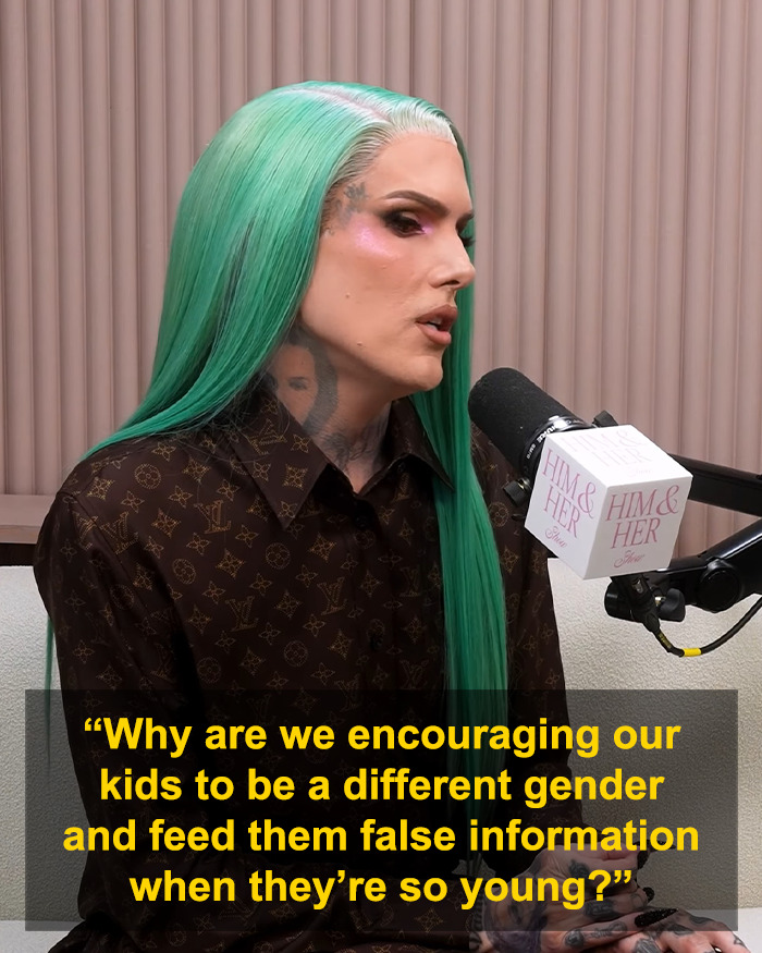 Jeffree Star speaking into a microphone during a podcast, facing backlash for comments on pro-trans parents.