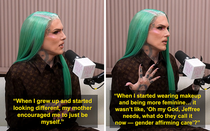 Jeffree Star with long green hair speaking into a microphone, facing backlash for comments on pro-trans parents.