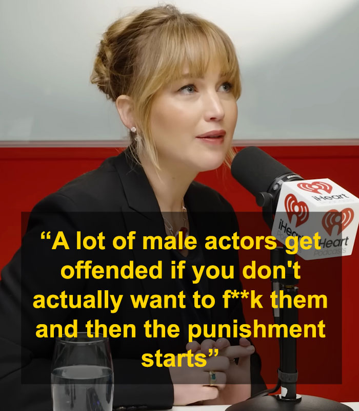 Jennifer Lawrence speaking into a microphone during a podcast, with text about punishment confession in bold yellow.