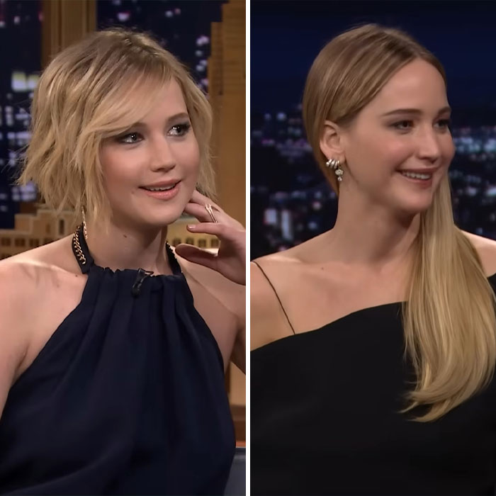 Jennifer Lawrence wearing black dresses in two different interviews amid plastic surgery speculation.