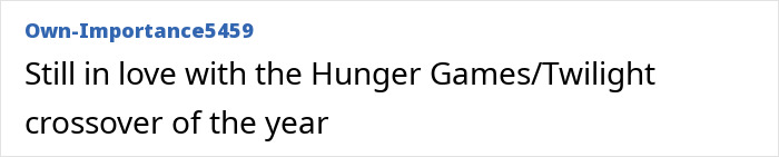 Screenshot of a social media post expressing love for the Hunger Games and Twilight crossover fan content.