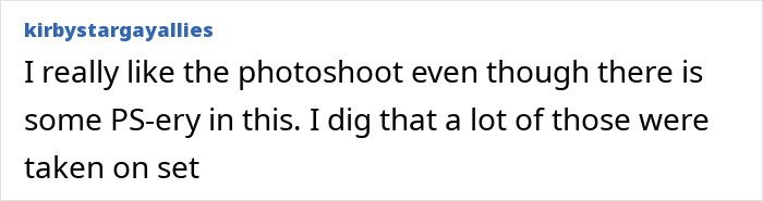Comment from kirbystargayallies praising the photoshoot and noting some photos were taken on set related to Jennifer Lawrence and Robert Pattinson.