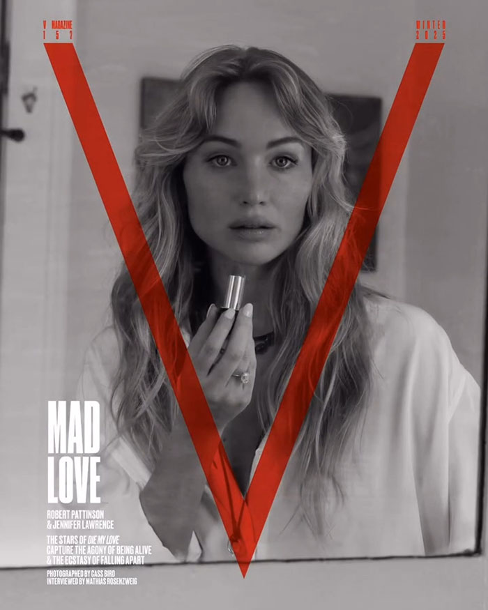 Jennifer Lawrence holding lipstick in a black and white image with red V graphic, related to Robert Pattinson intimate photos viral.