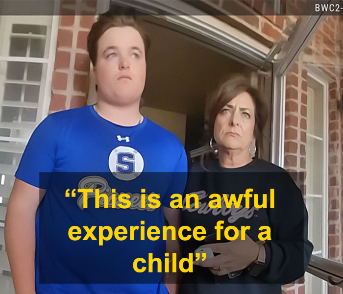 Teen and woman standing on porch with serious expressions amid protests in Oklahoma after teen walks free controversy