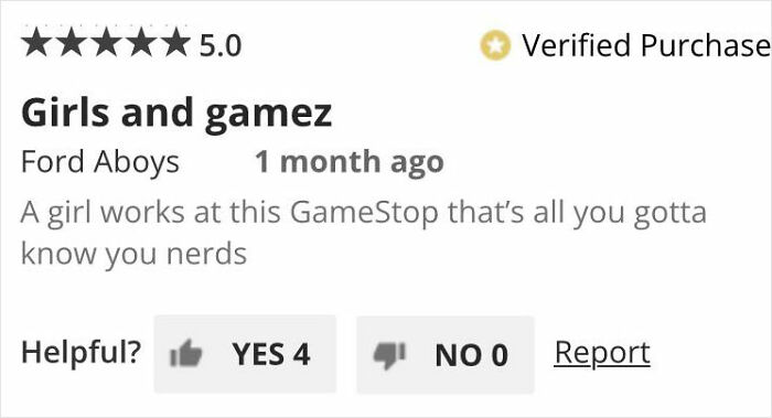 GameStop customer reviews showing 5-star ratings with hilariously unhinged comments about games and staff.