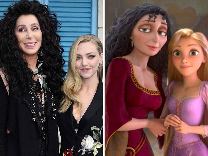 Two women posing with curly and blonde hairstyles next to animated characters styled with makeup and fashion elements.