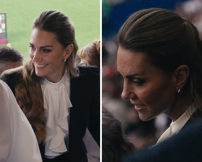 Kate Middleton showing her dramatically blonde hair, smiling and engaging with people at an event.