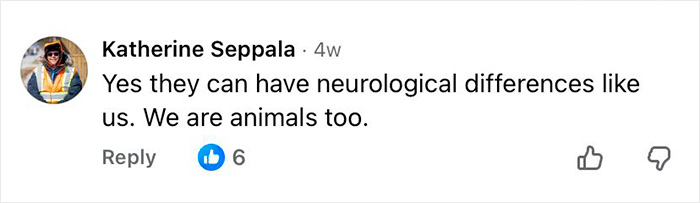 Facebook comment from Katherine Seppala discussing dogs having neurological differences like humans, related to dog autism research.