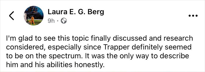 Facebook post by Laura E. G. Berg discussing research on dogs being autistic like humans and traits on the spectrum.