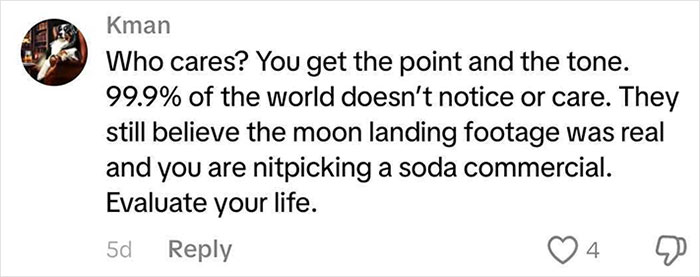 Screenshot of a comment disputing criticism of a soda commercial in the context of Coca-Cola&rsquo;s holiday AI prompts.