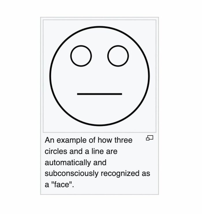 Simple black line drawing showing how three circles and a line are subconsciously recognized as a face on Wikipedia gem.